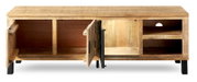 Frontansicht eines Lowboards aus Holz mit offenen Türen und Regalfächern.