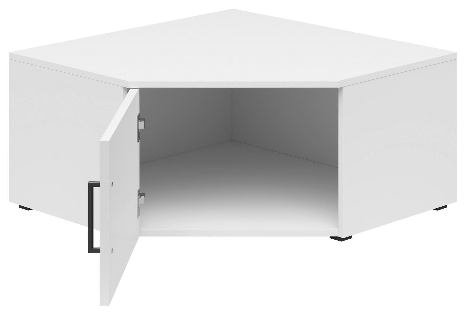 Weißer Eckaufsatzschrank mit geöffneter Tür, perspektivisch von vorne links betrachtet.