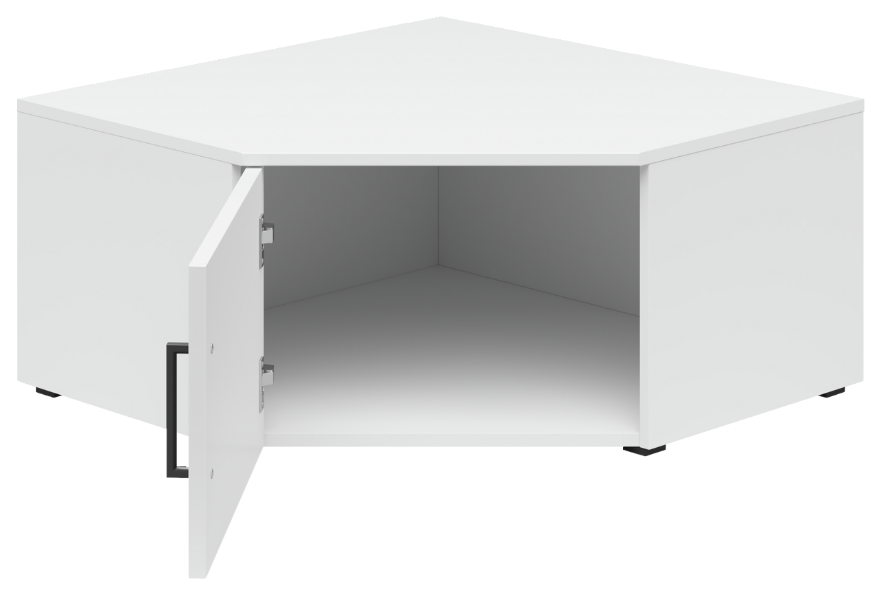 Weißer Eckaufsatzschrank mit geöffneter Tür, perspektivisch von vorne links betrachtet.