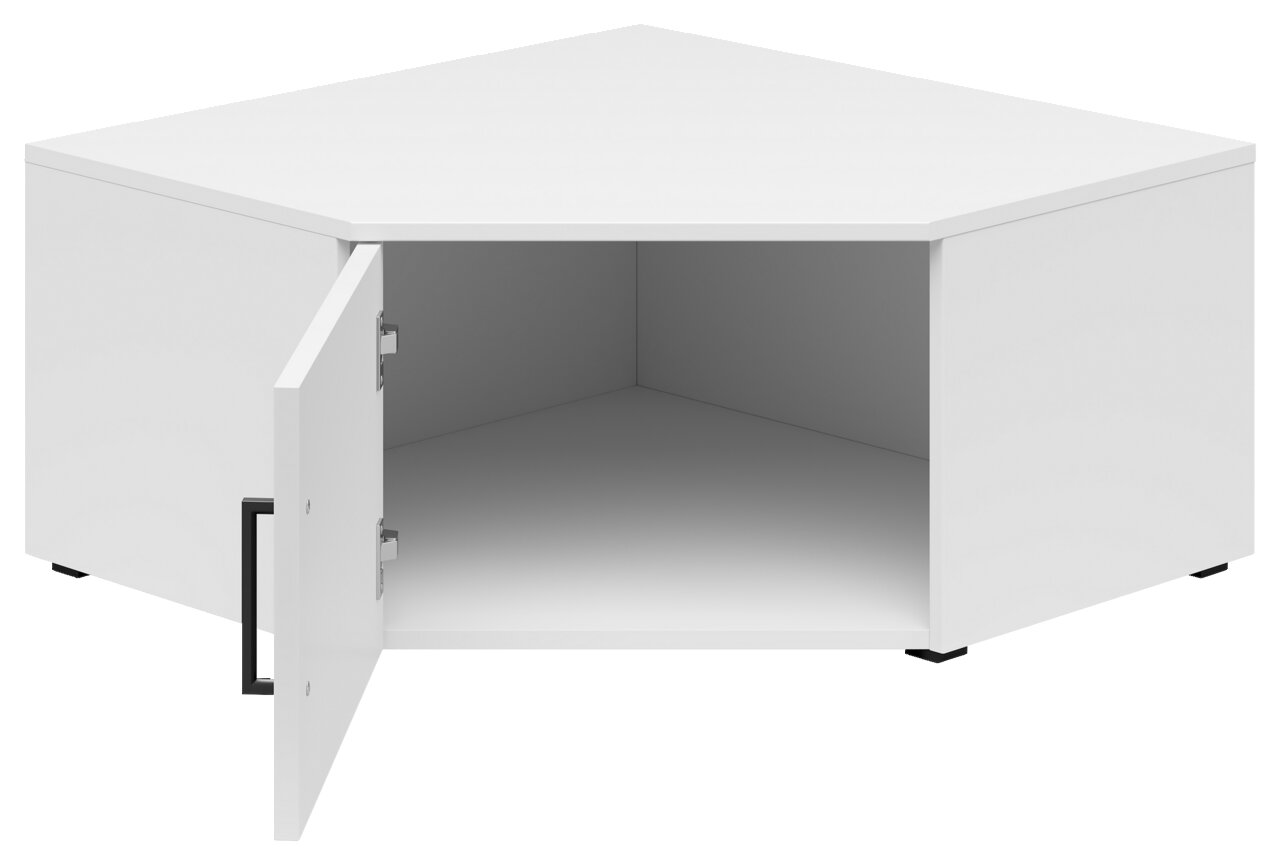 Weißer Eckaufsatzschrank mit geöffneter Tür, perspektivisch von vorne links betrachtet.