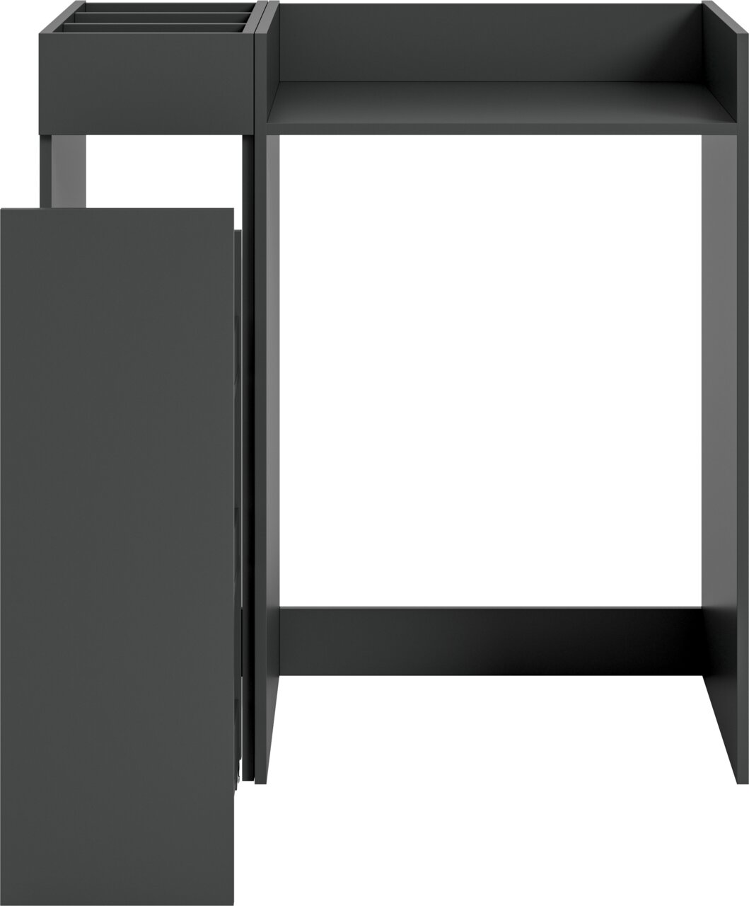 Dunkelgraues, minimalistisches Metallmöbel mit Ablagefach und seitlichem Paneel, dargestellt in seitlicher Ansicht (Profilperspektive) vor weißem Hintergrund