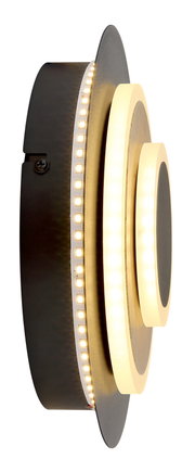 Moderne LED-Wandleuchte in Schwarz mit zwei warmweiß leuchtenden, konzentrischen Ringen und sichtbarem LED-Band am Rand, seitliche Ansicht