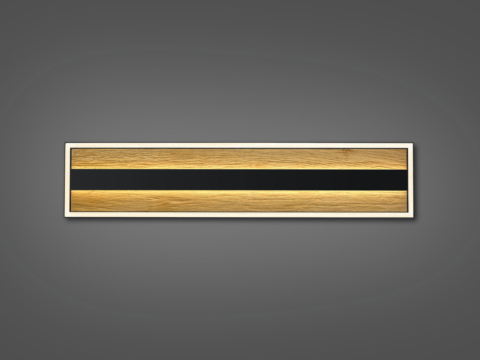 Rechteckige LED-Deckenleuchte mit Holzoptik, frontal betrachtet