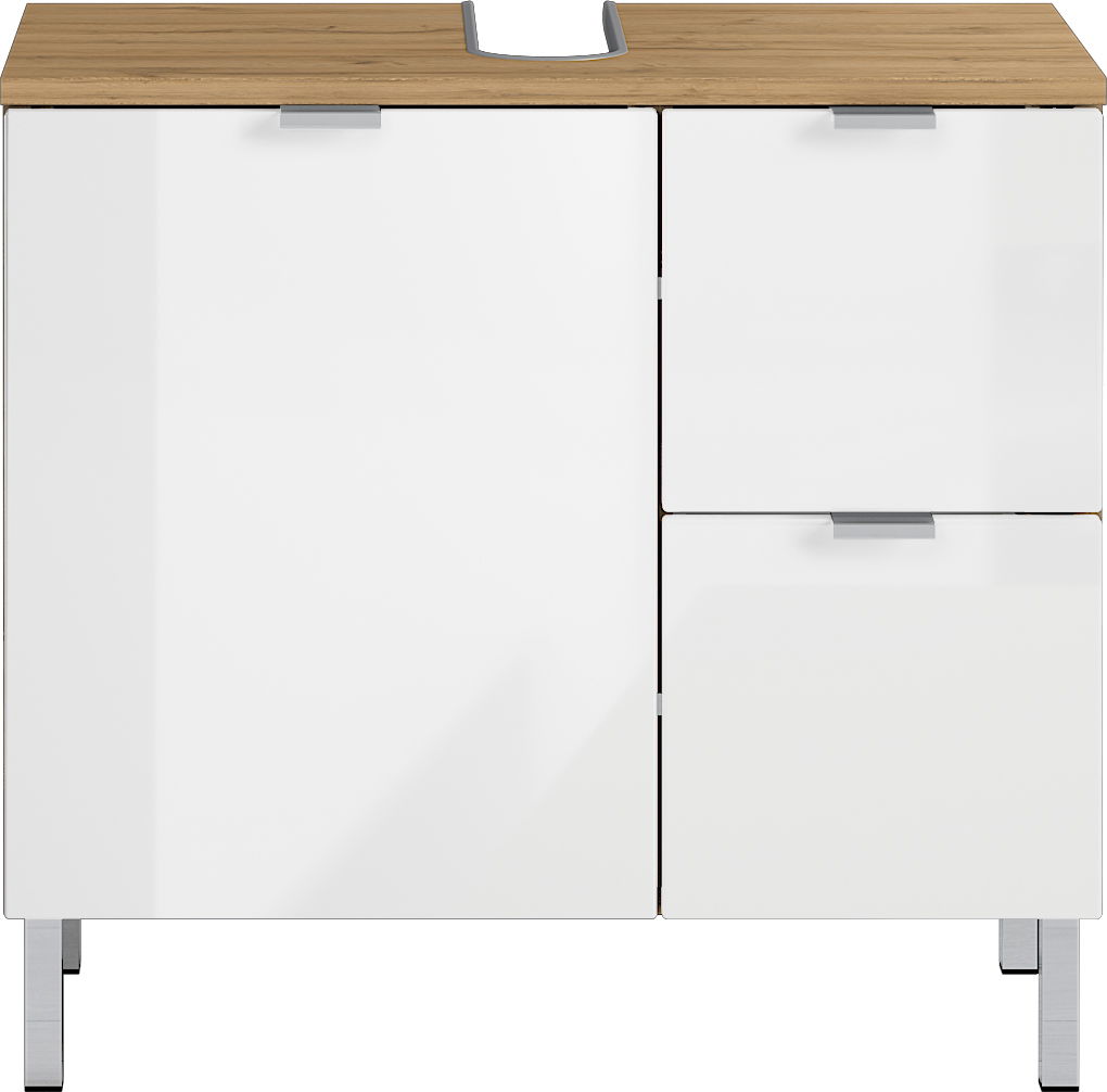 Frontansicht eines modernen Waschtischunterschranks mit weißer Hochglanzoberfläche und Holzplatte.