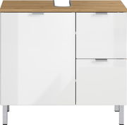 Frontansicht eines modernen Waschtischunterschranks mit weißer Hochglanzoberfläche und Holzplatte.