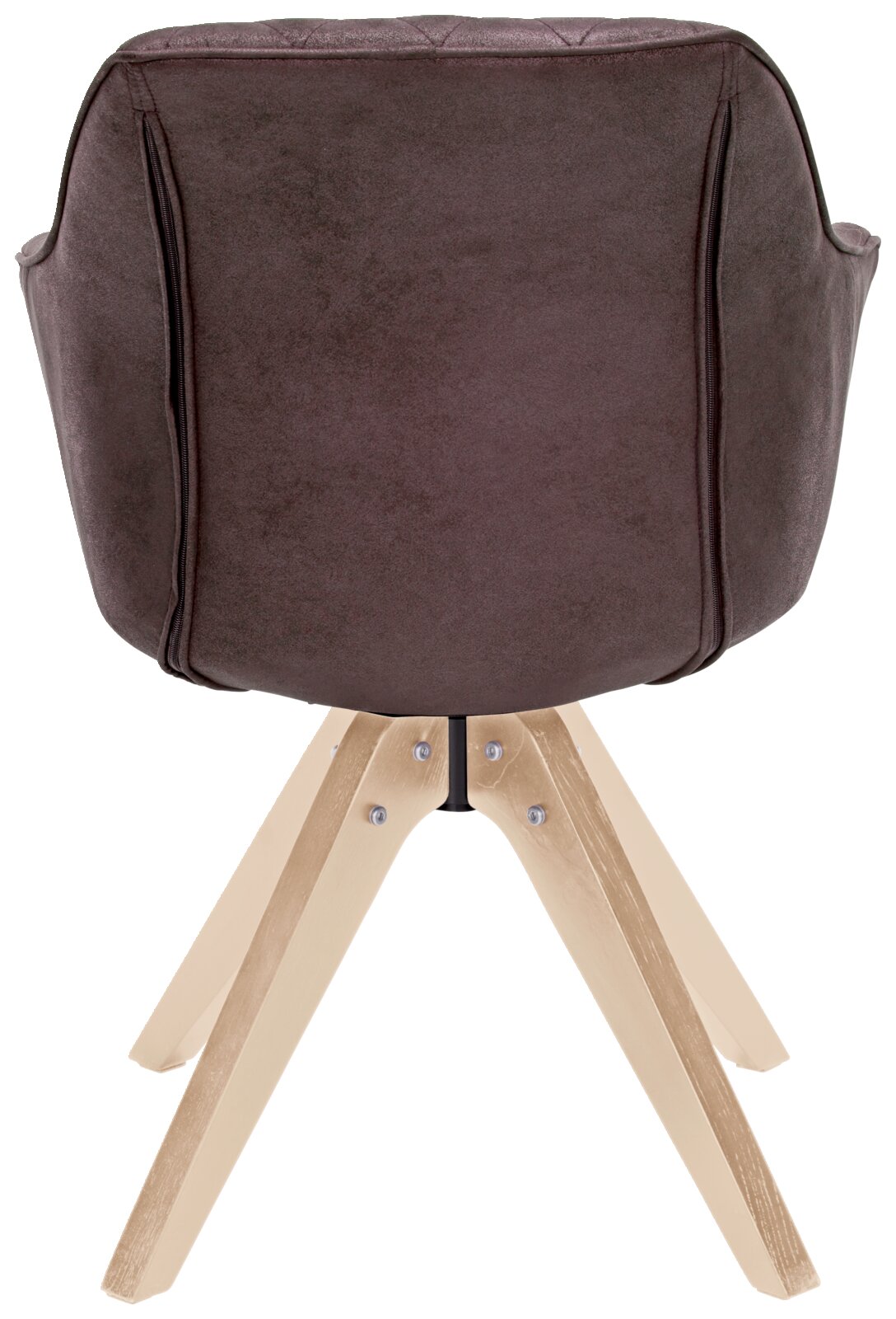 Achterkant van een moderne stoel met bruine bekleding en lichte houten poten.