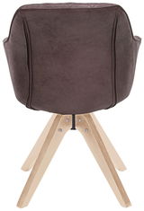 Rückansicht eines modernen Stuhls mit brauner Polsterung und hellen Holzbeinen.