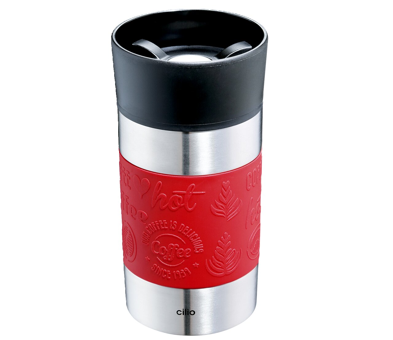 Roter Isoliertrinkbecher 300ml mit schwarzem Deckel und Edelstahl-Elementen, seitliche Ansicht