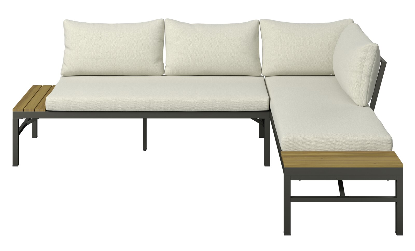 L-förmige Loungegarnitur mit cremefarbenen Kissen und Holzdetails, seitliche Perspektive