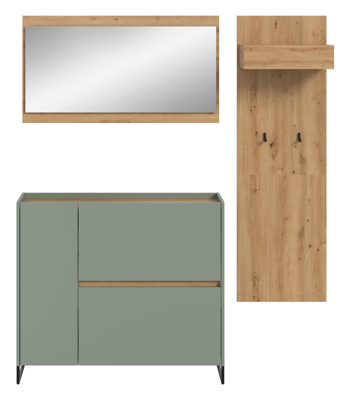 Modernes Badmöbel-Set mit Waschtischunterschrank in Salbeigrün und Holzdetails, Holz-Spiegel und hoher Holz-Hochschrank mit Ablage und Haken, Frontansicht auf weißem Hintergrund