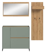 Modernes Badmöbel-Set mit Waschtischunterschrank in Salbeigrün und Holzdetails, Holz-Spiegel und hoher Holz-Hochschrank mit Ablage und Haken, Frontansicht auf weißem Hintergrund