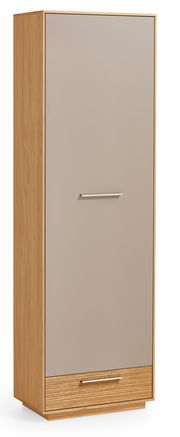 Moderner Dielenschrank aus Holz mit einer glatten, grauen Tür und einem unteren Schubfach, seitliche Perspektive.