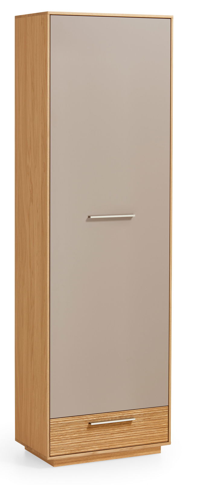 VOSS Dielenschrank LOVENO Moderner Dielenschrank aus Holz mit einer glatten, grauen Tür und einem unteren Schubfach, seitliche Perspektive.