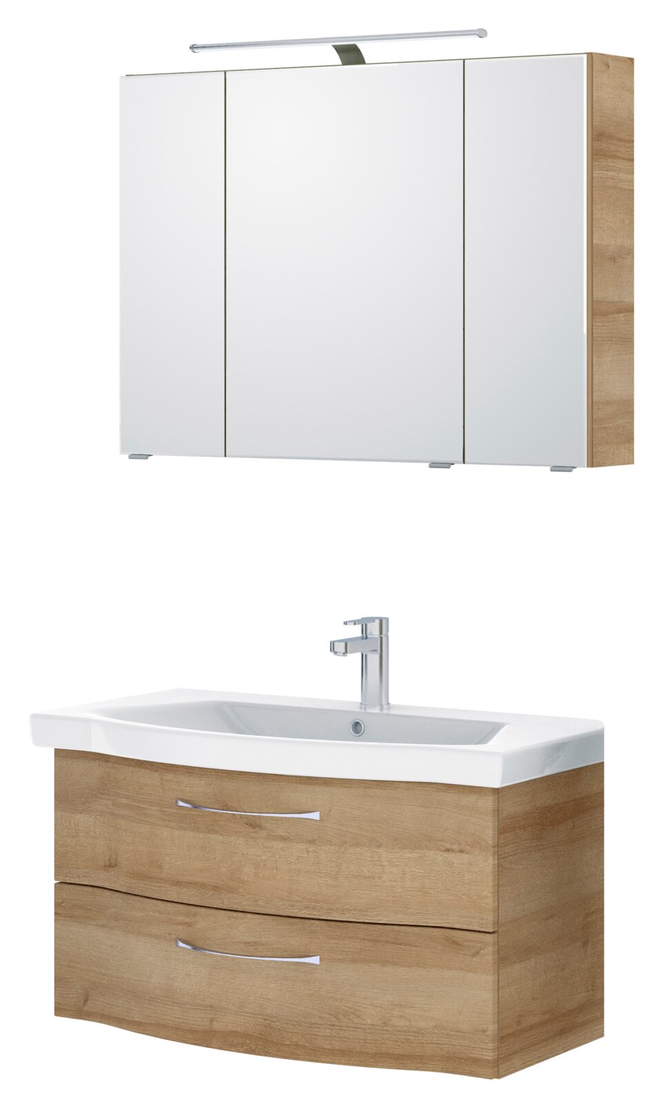 Badezimmermöbel-Set mit Spiegelschrank und Waschtisch in Holzoptik, Frontalansicht
