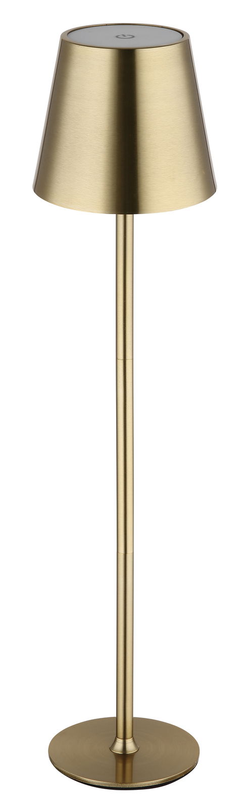 Goldene Tischleuchte VANNIE in frontaler Ansicht mit schlankem, modernem Design und rundem Lampenschirm.