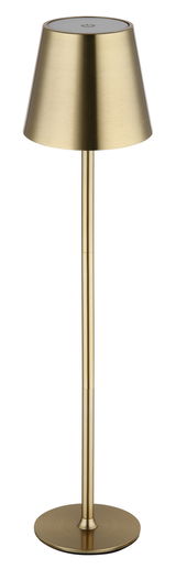 Goldene Tischleuchte VANNIE in frontaler Ansicht mit schlankem, modernem Design und rundem Lampenschirm.