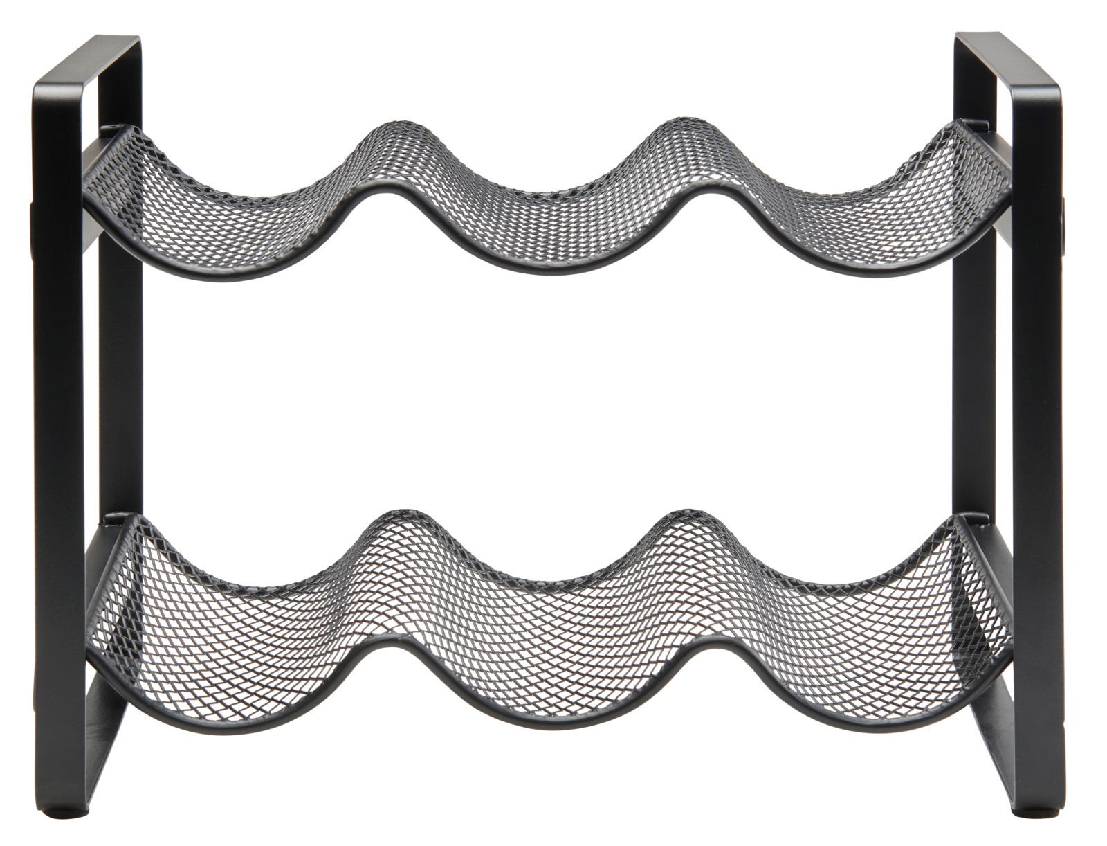 Flaschenregal aus Metall mit wellenförmigen Ablagen, seitliche Perspektive