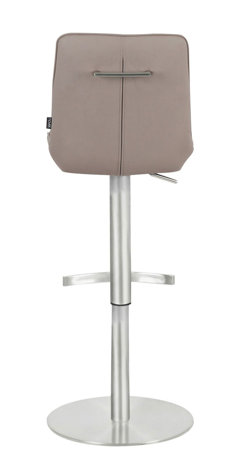 Rückansicht eines modernen Barhockers mit gepolsterter Rückenlehne und verchromtem Standfuß.