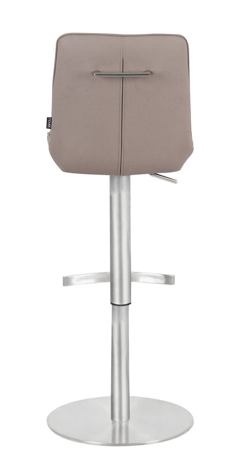 Novel Barhocker HENRY Rückansicht eines modernen Barhockers mit gepolsterter Rückenlehne und verchromtem Standfuß.