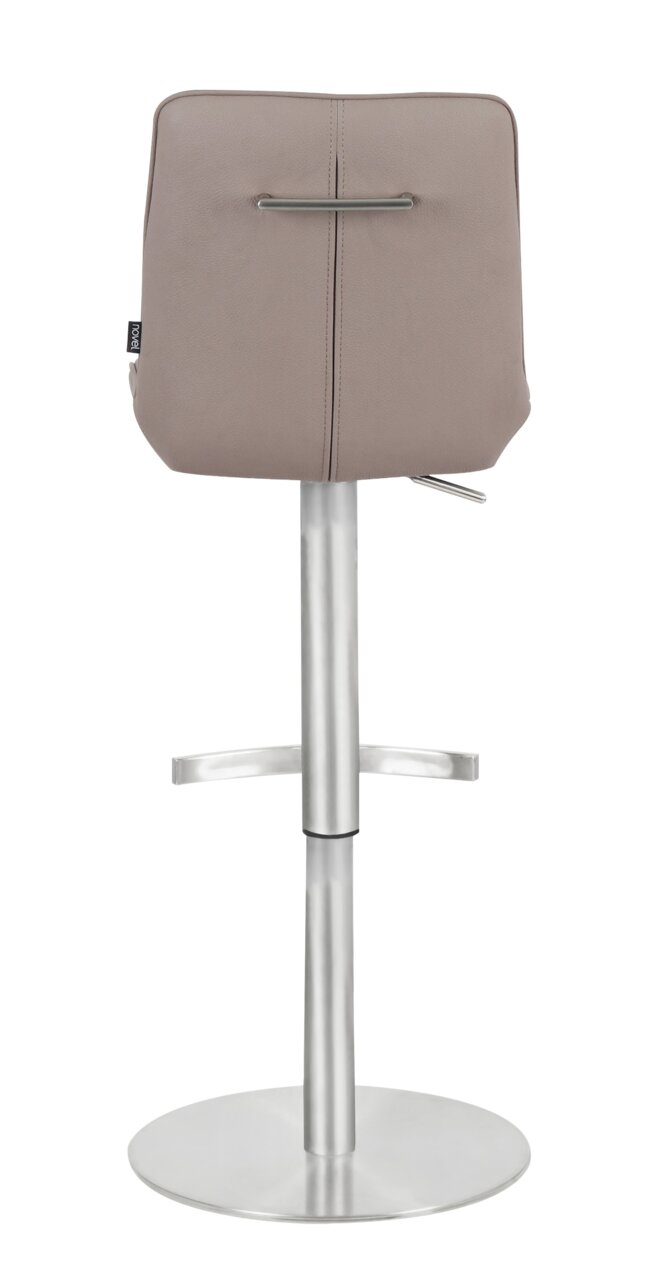Rückansicht eines modernen Barhockers mit gepolsterter Rückenlehne und verchromtem Standfuß.