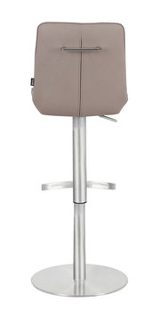 Rückansicht eines modernen Barhockers mit gepolsterter Rückenlehne und verchromtem Standfuß.