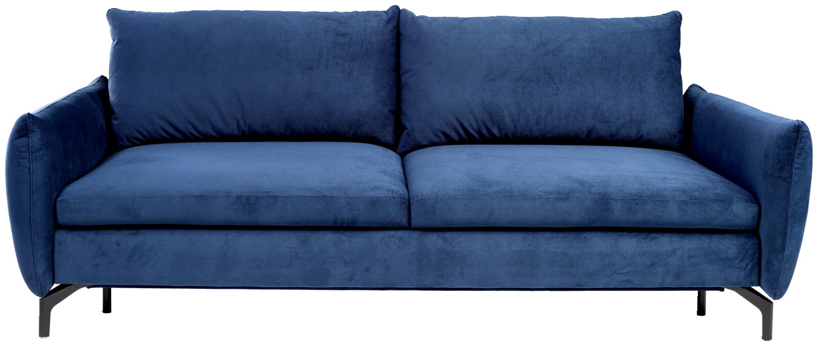 Blaues Funktionssofa in Frontalansicht mit modernen Metallfüßen.