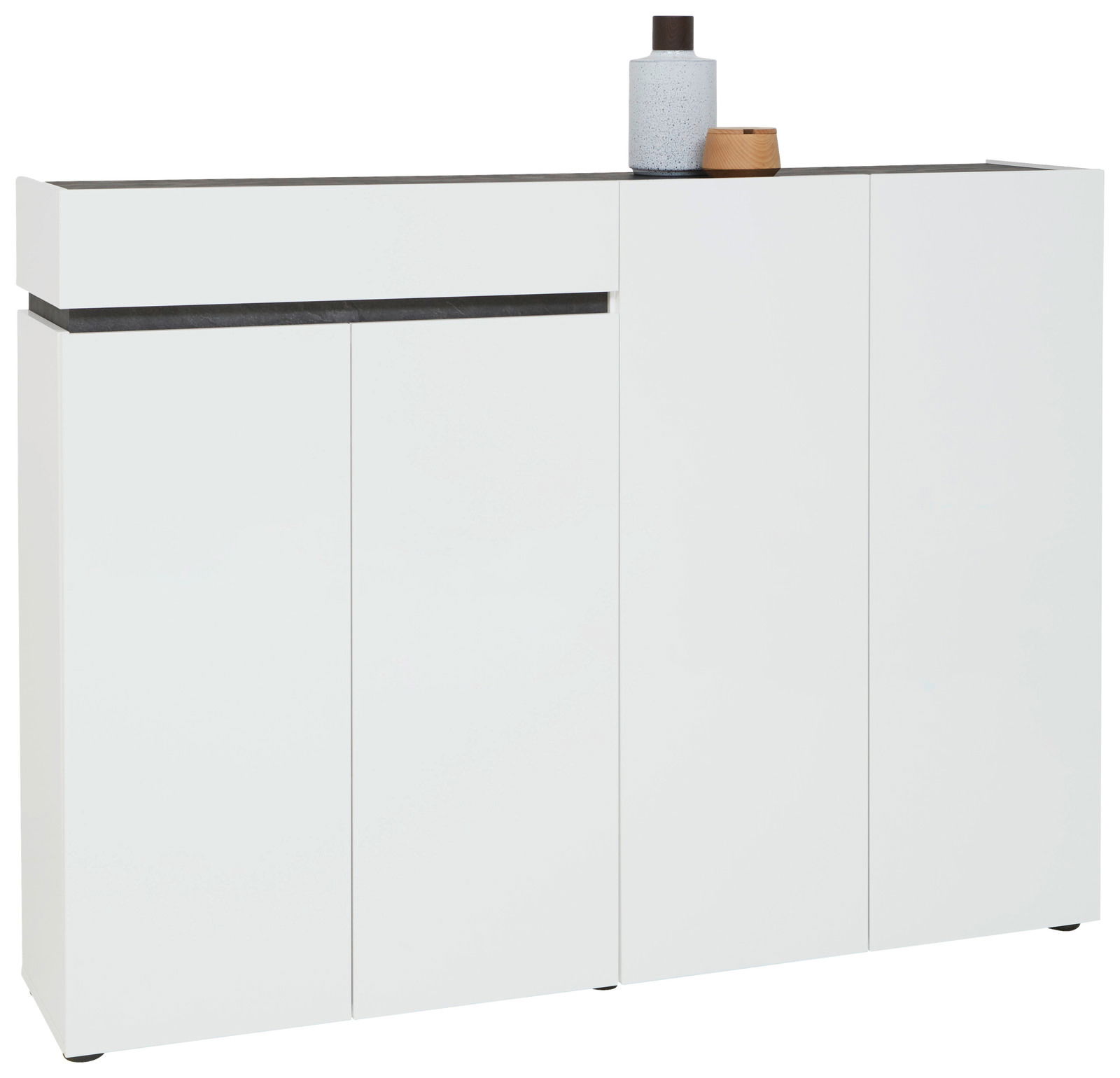 Voleo XXL-Schuhschrank YES Moderner weißer XXL-Schuhschrank mit vier Türen und einer Schublade, seitliche Perspektive