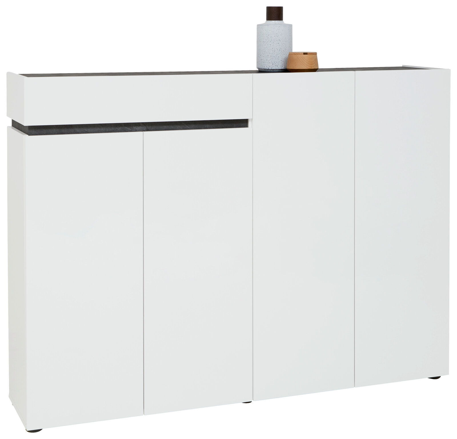 Voleo XXL-Schuhschrank YES Moderner weißer XXL-Schuhschrank mit vier Türen und einer Schublade, seitliche Perspektive