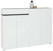 Moderner weißer XXL-Schuhschrank mit vier Türen und einer Schublade, seitliche Perspektive