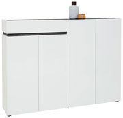 Moderner weißer XXL-Schuhschrank mit vier Türen und einer Schublade, seitliche Perspektive