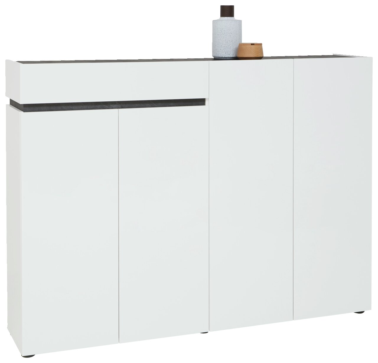 Voleo XXL-Schuhschrank YES Moderner weißer XXL-Schuhschrank mit vier Türen und einer Schublade, seitliche Perspektive