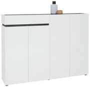 Moderner weißer XXL-Schuhschrank mit vier Türen und einer Schublade, seitliche Perspektive