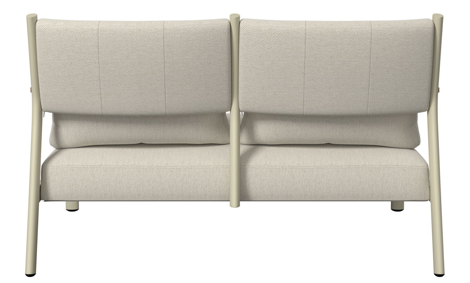 Rückansicht eines zweisitzigen Gartenlounge-Sessels mit beigem Stoffbezug und hellem Metallrahmen.