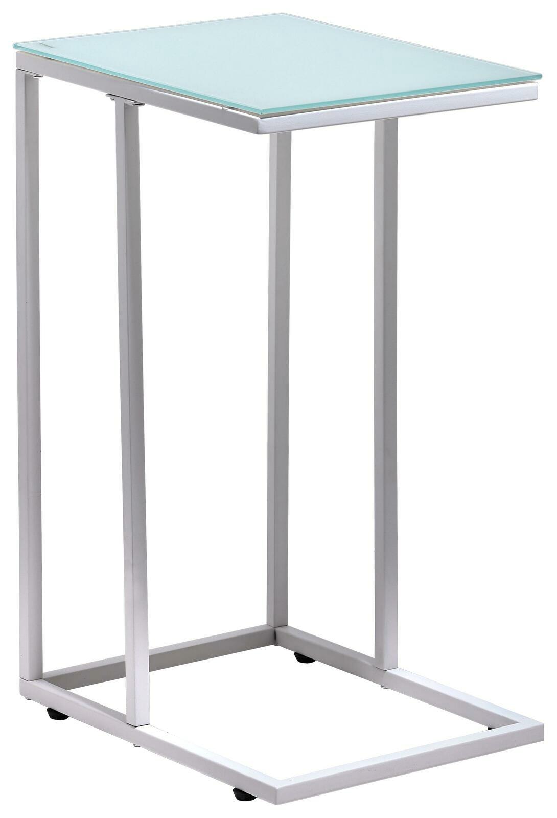 Moderner Beistelltisch mit Glasplatte und Metallrahmen, seitliche Perspektive