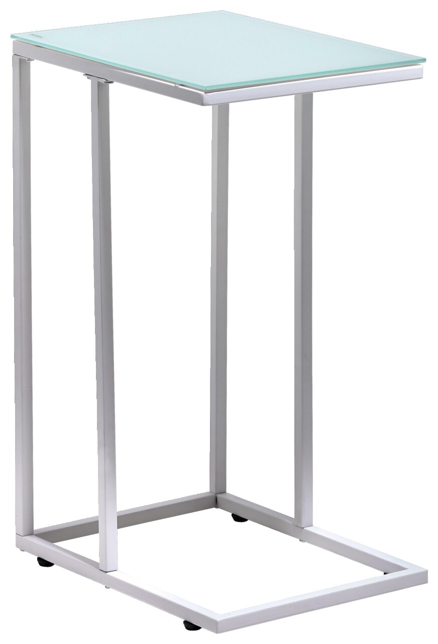 Moderner Beistelltisch mit Glasplatte und Metallrahmen, seitliche Perspektive