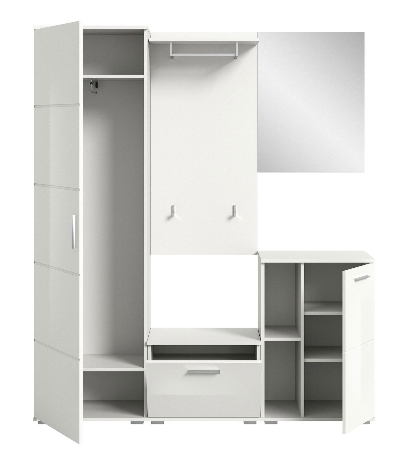 Weiße Garderobenkombination mit Schrank, Spiegel, Haken und Regalen, frontale Ansicht
