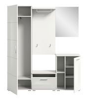 Weiße Garderobenkombination mit Schrank, Spiegel, Haken und Regalen, frontale Ansicht