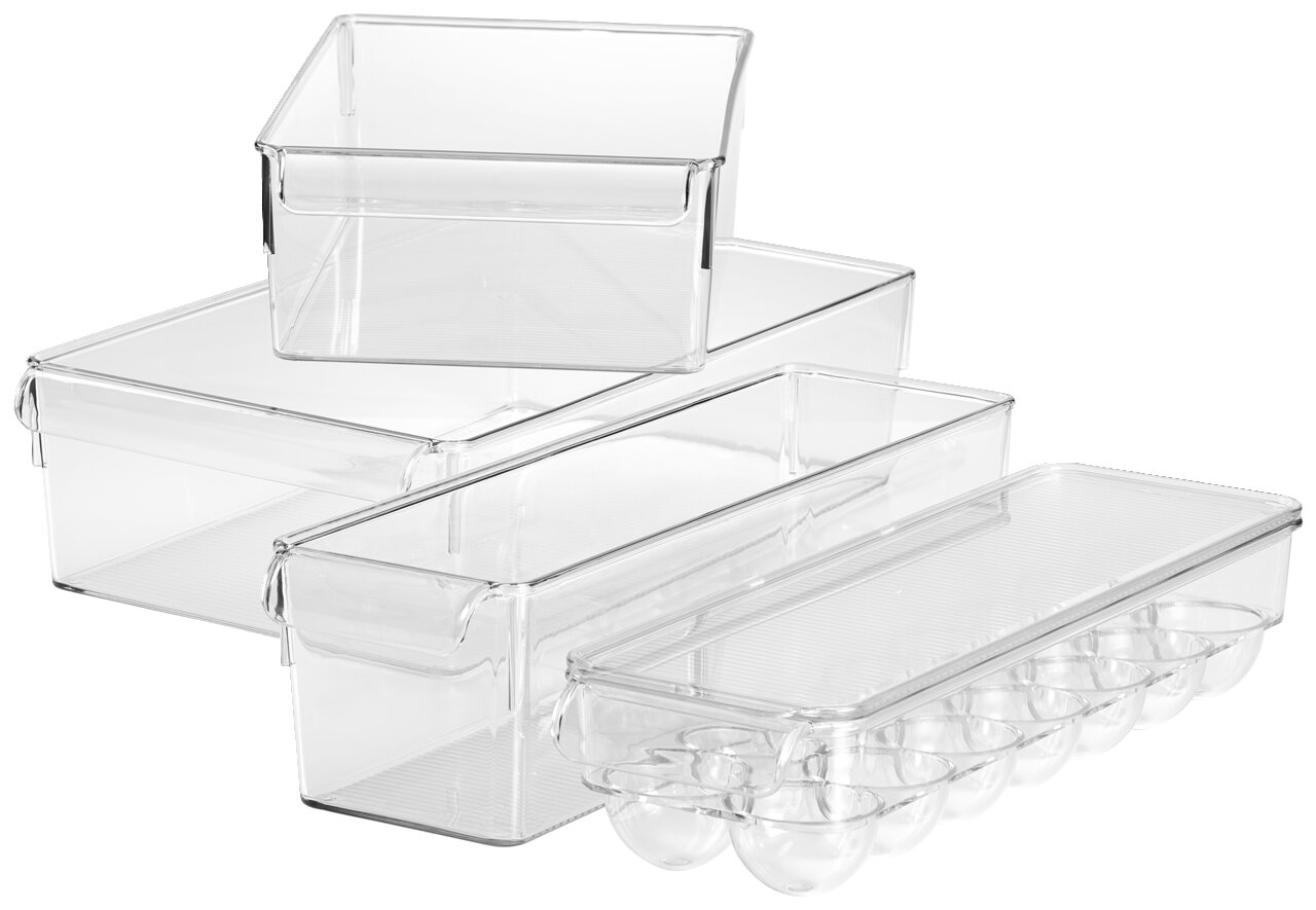 Homeware Organizer 4-tlg Transparenter 4-teiliger Organizer aus Kunststoff, bestehend aus stapelbaren Boxen in verschiedenen Größen, seitliche Perspektive