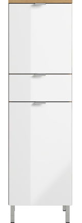 Moderner weißer Schrank mit drei Schubladen und Holzoberfläche, Frontalansicht