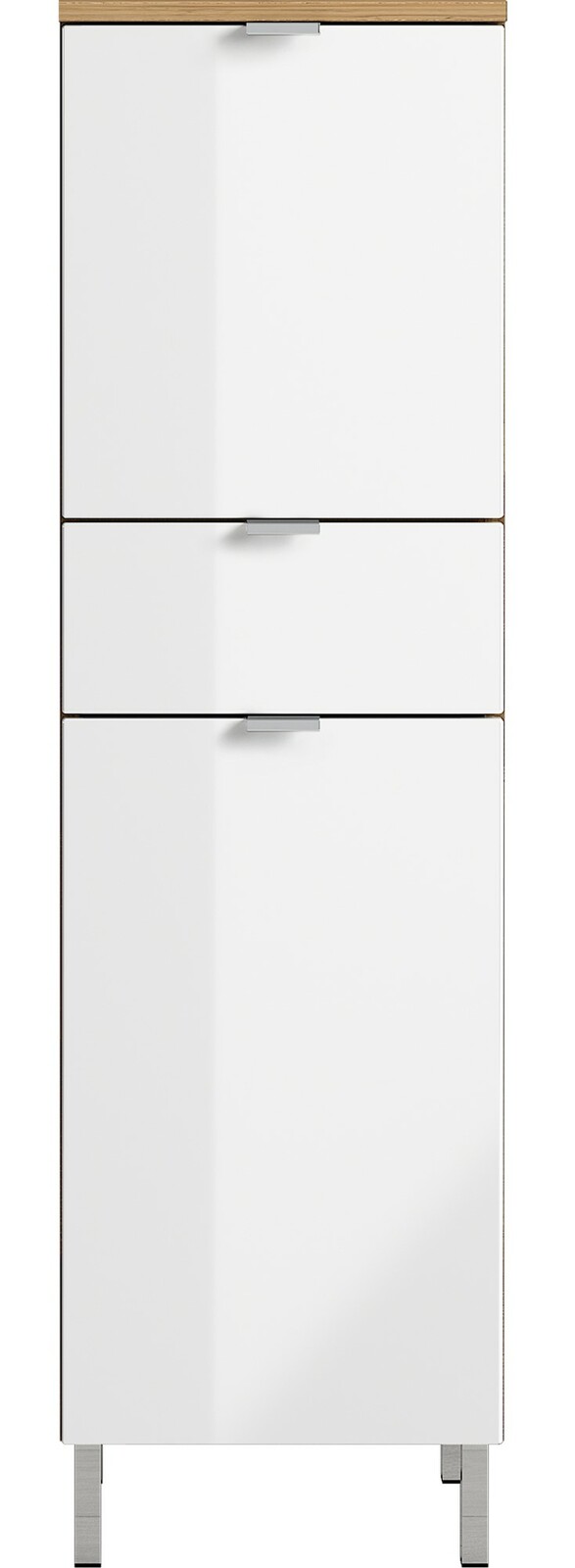 Moderner weißer Schrank mit drei Schubladen und Holzoberfläche, Frontalansicht