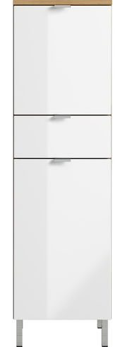 Moderner weißer Schrank mit drei Schubladen und Holzoberfläche, Frontalansicht