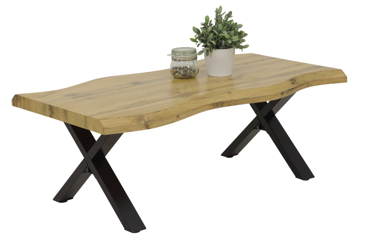 Moderner Couchtisch mit natürlicher Holzplatte und schwarzen Metallbeinen, seitliche Perspektive