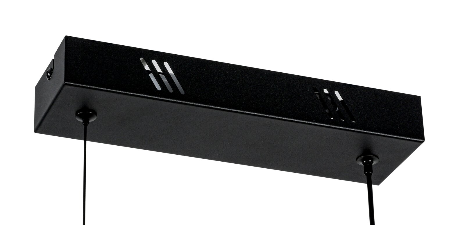Zwarte LED-hanglamp, van onderaf gezien, met een rechthoekige behuizing en twee kabels.