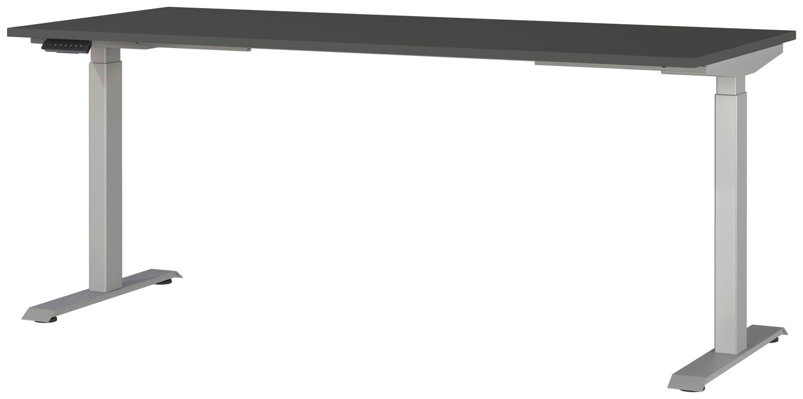 Moderner E-Schreibtisch 180x80 cm in seitlicher Perspektive mit grauer Tischplatte und silbernem Gestell.