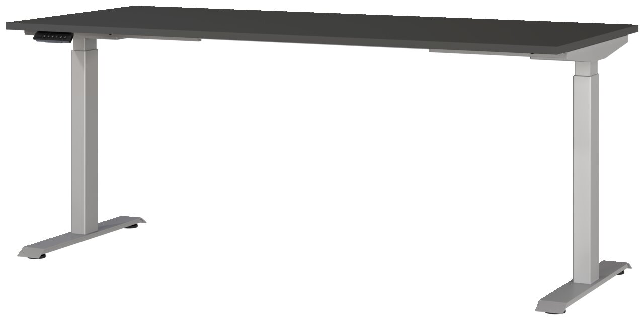Moderner E-Schreibtisch 180x80 cm in seitlicher Perspektive mit grauer Tischplatte und silbernem Gestell.
