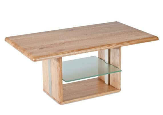 Moderner Couchtisch aus Holz mit Glasablage, seitliche Perspektive