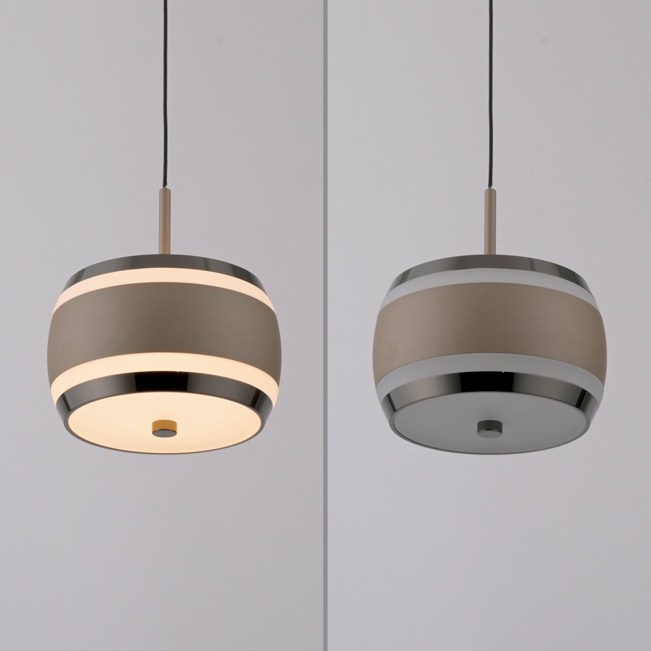 Moderne LED-Pendelleuchte in zylindrischer Form mit metallischen Akzenten, von unten und seitlich betrachtet.