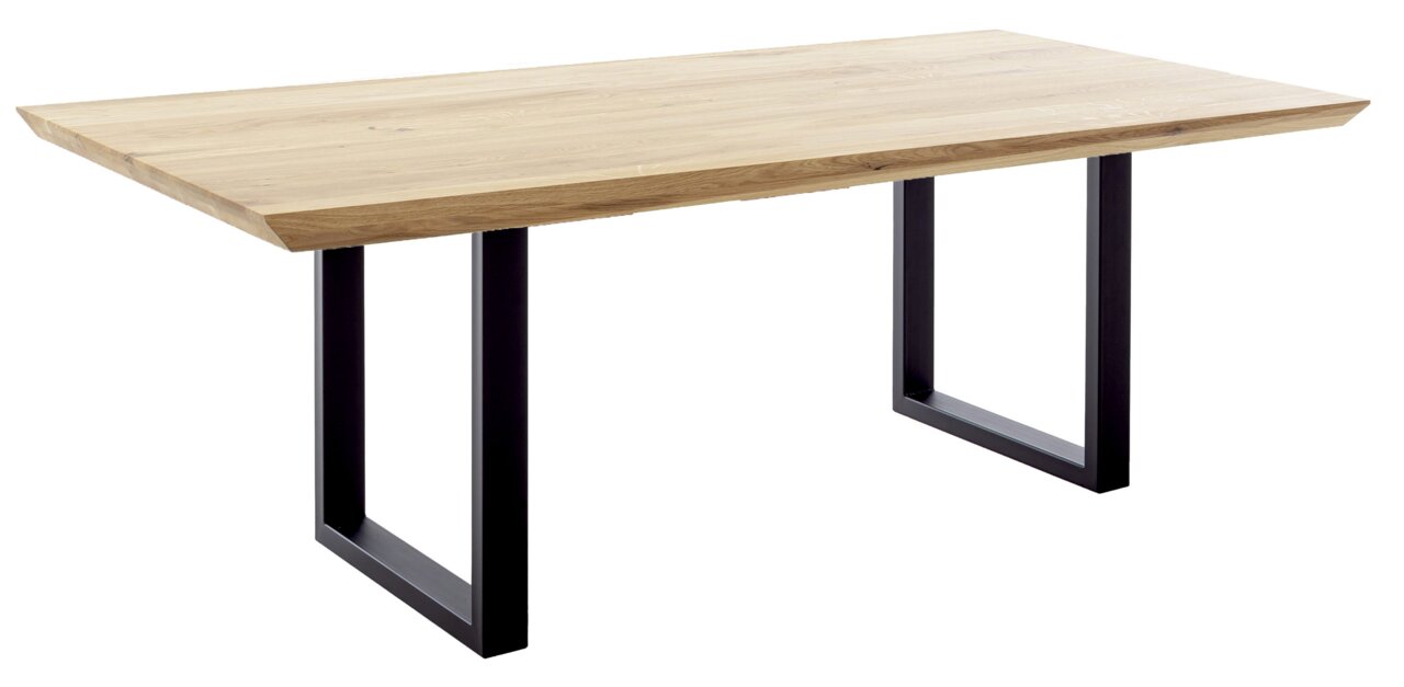 Moderner Esstisch aus Holz mit schwarzem Metallgestell, seitliche Perspektive