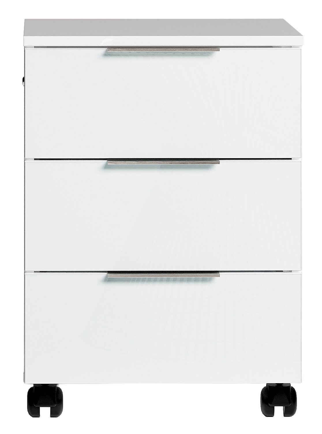 Weißer Rollcontainer mit drei Schubladen und Rollen, Frontalansicht