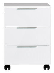 Weißer Rollcontainer mit drei Schubladen und Rollen, Frontalansicht